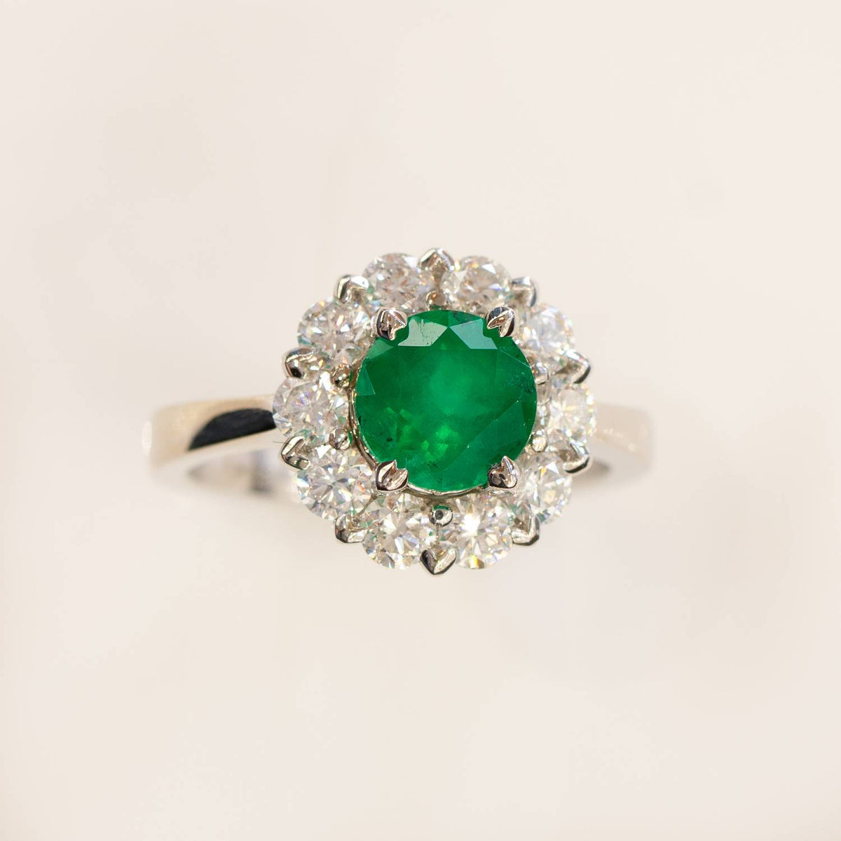 Colombian Emerald and Diamond Ring Floral Halo Statement Ring 18ct Gold