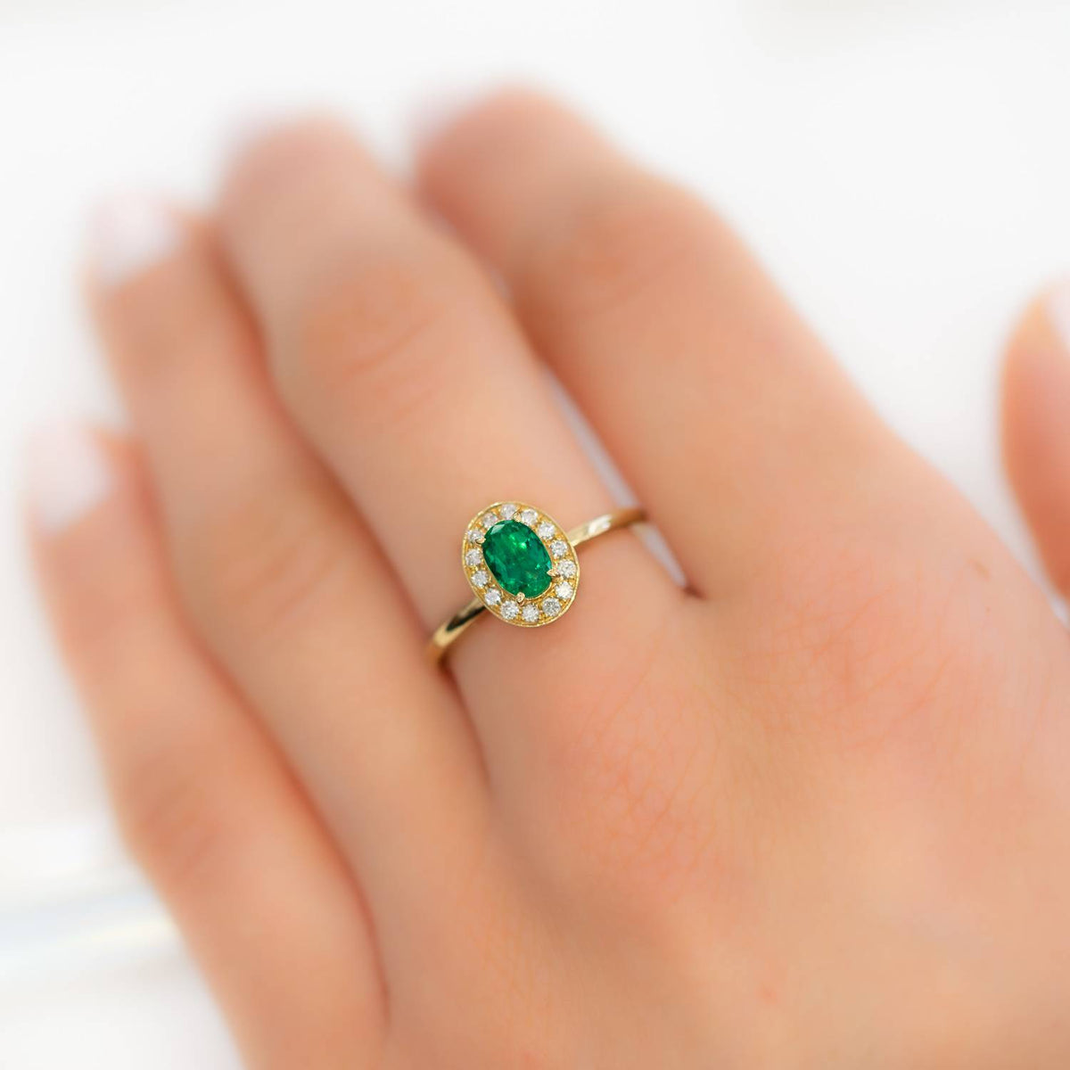 Colombian Emerald and Diamond Halo Engagement Ring 18K