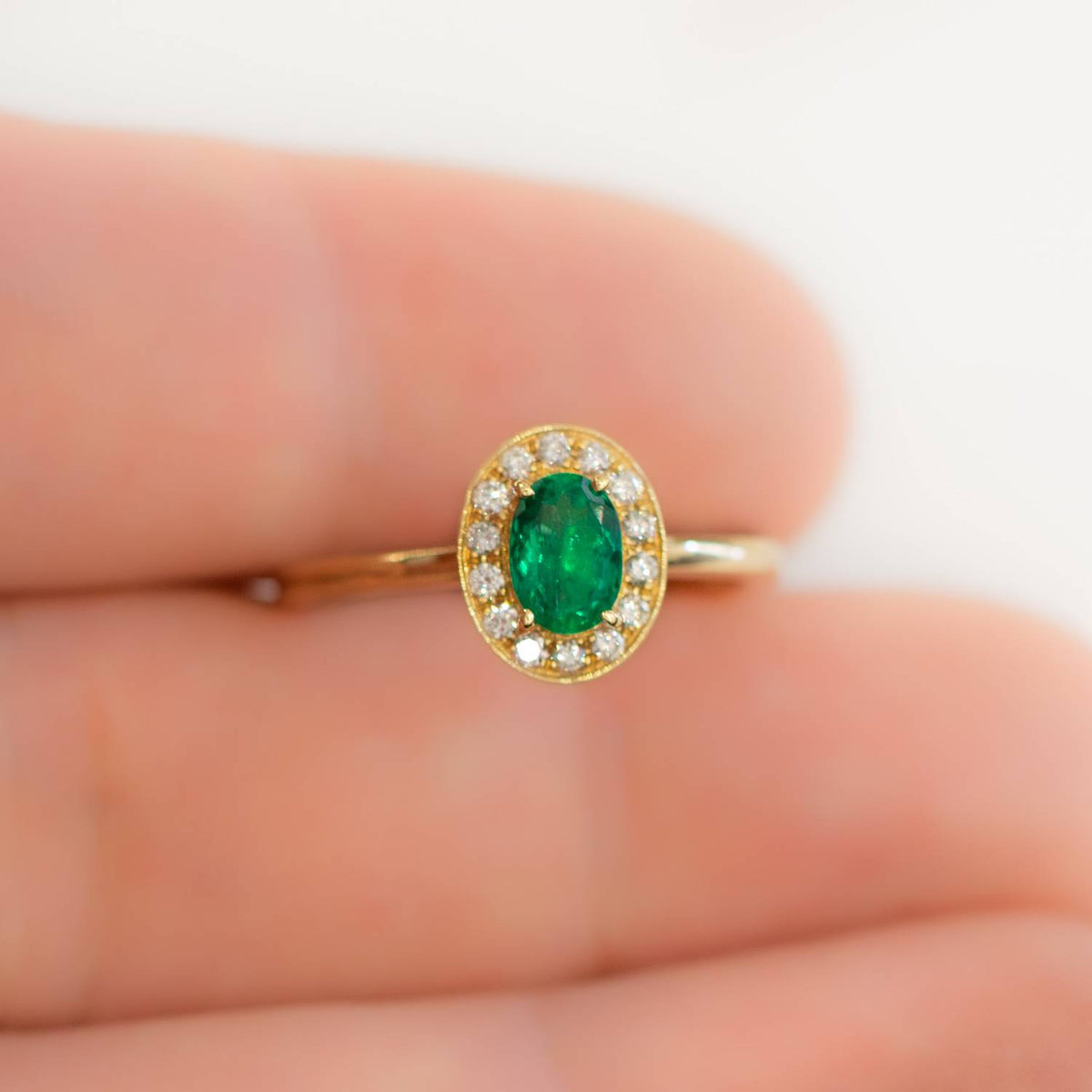 Colombian Emerald and Diamond Halo Engagement Ring 18K