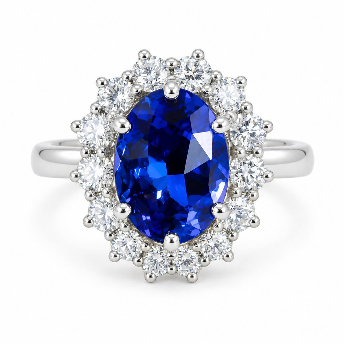 Oval tanzanite and diamond halo ring in platinum 950, custom-made design render