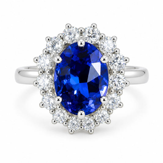 Oval tanzanite and diamond halo ring in platinum 950, custom-made design render