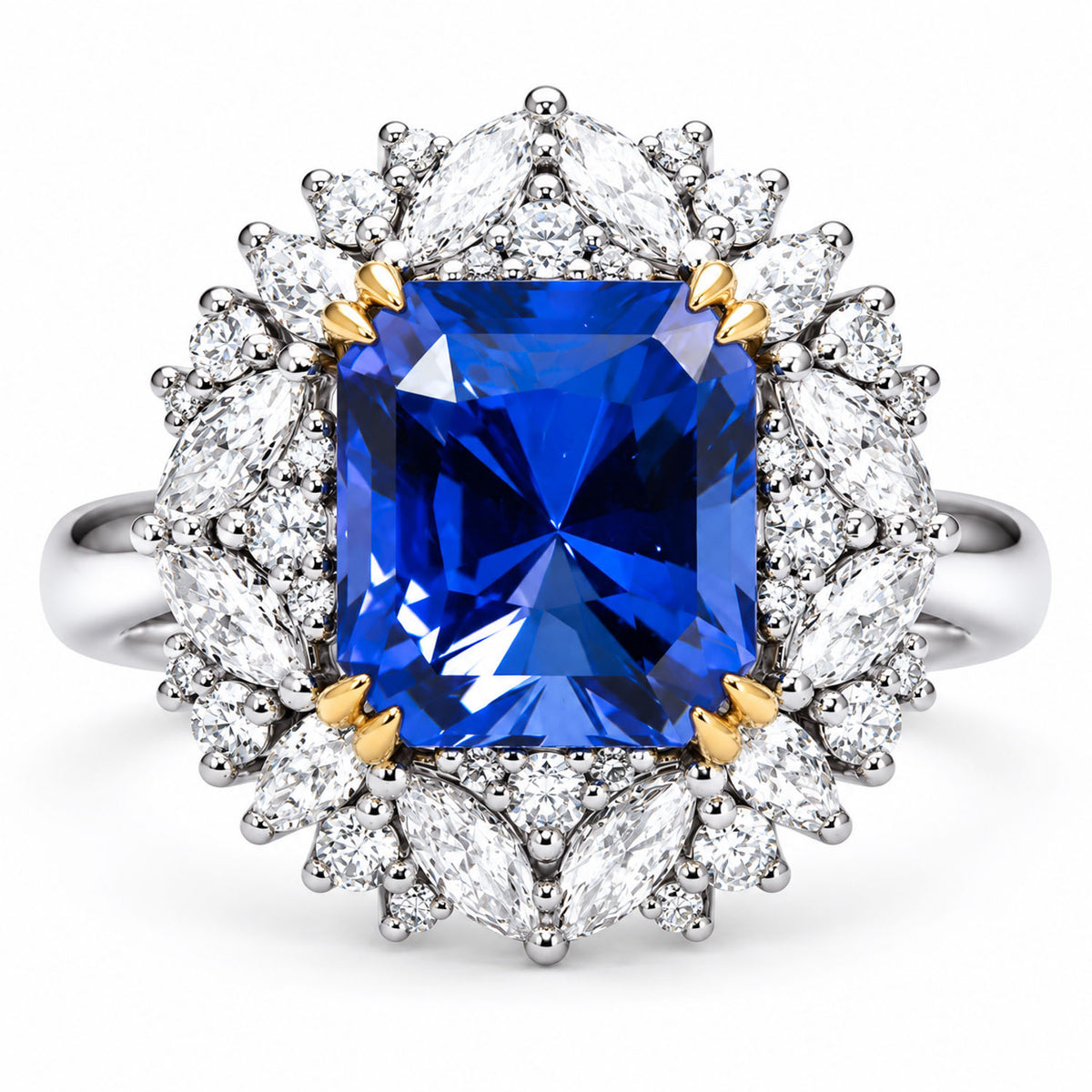 Octagon tanzanite and marquise diamond cluster ring in platinum 950 with 18K yellow gold claws, custom-made design render