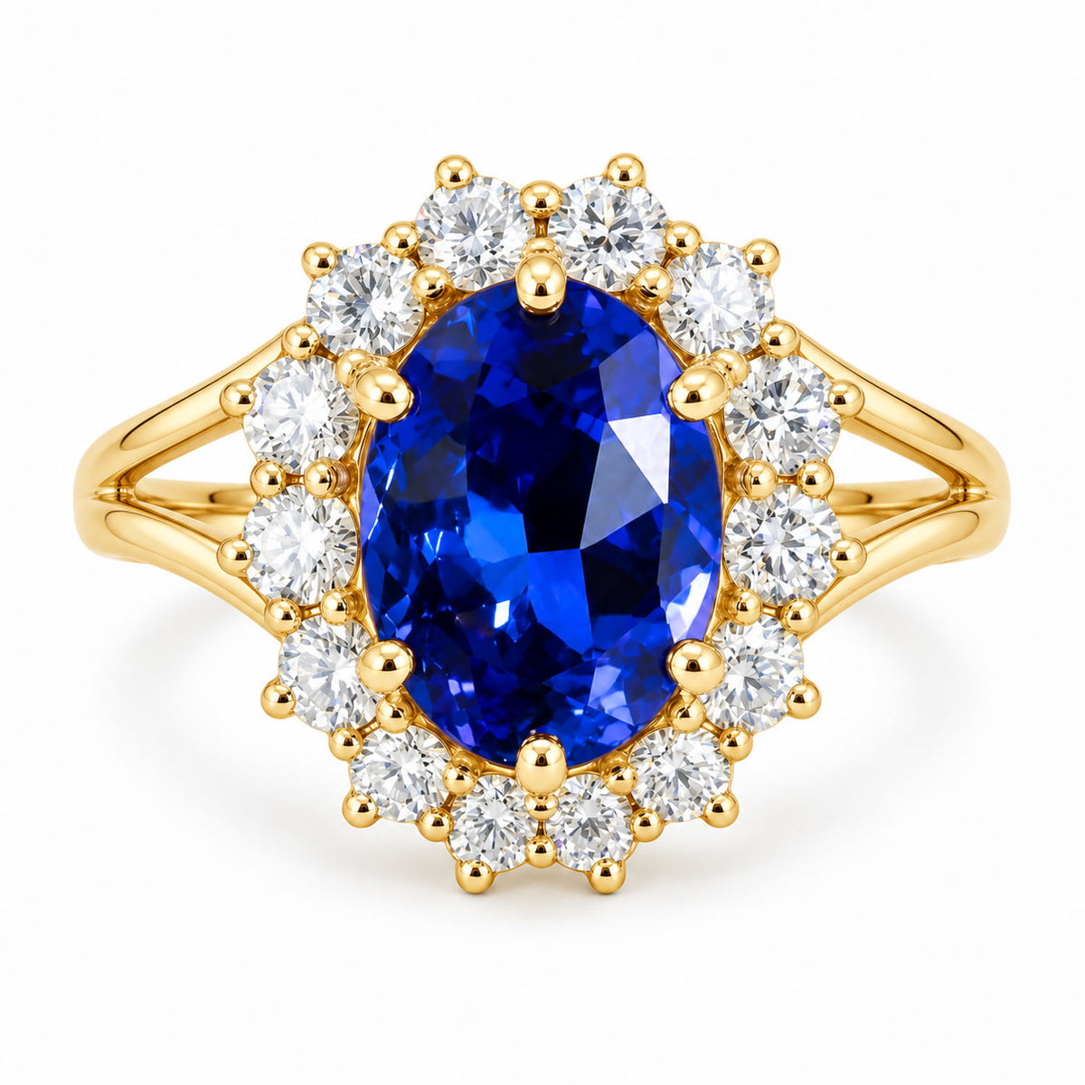 Oval tanzanite and diamond halo ring in 18K yellow gold, custom-made design render