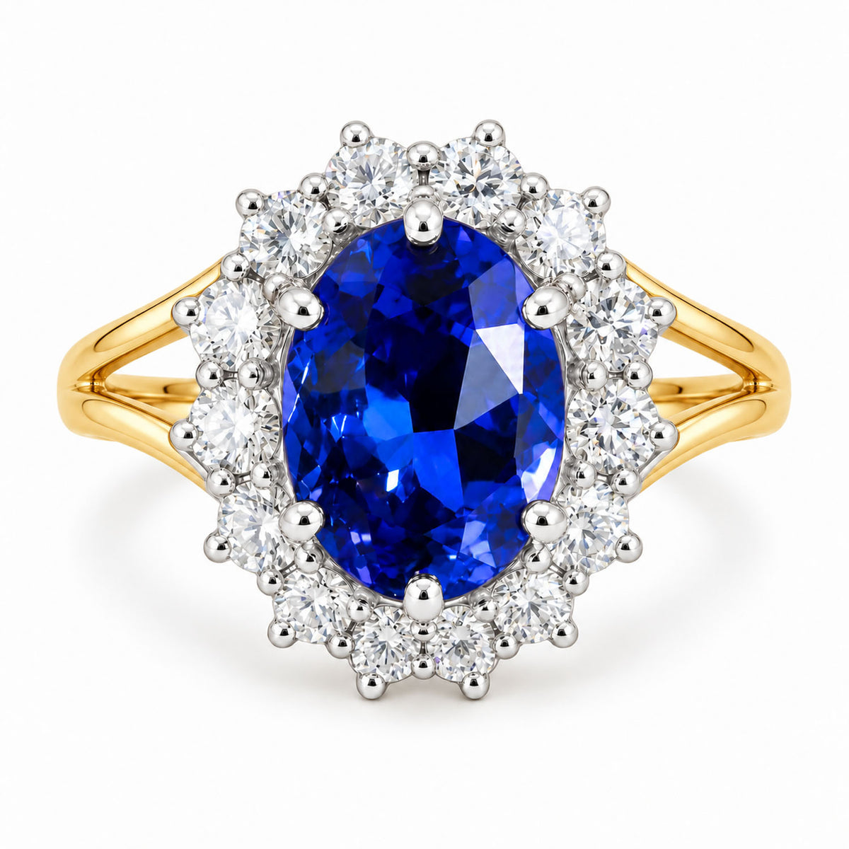 Oval tanzanite and diamond halo ring, platinum 950 setting on 18K yellow gold band, custom-made design render