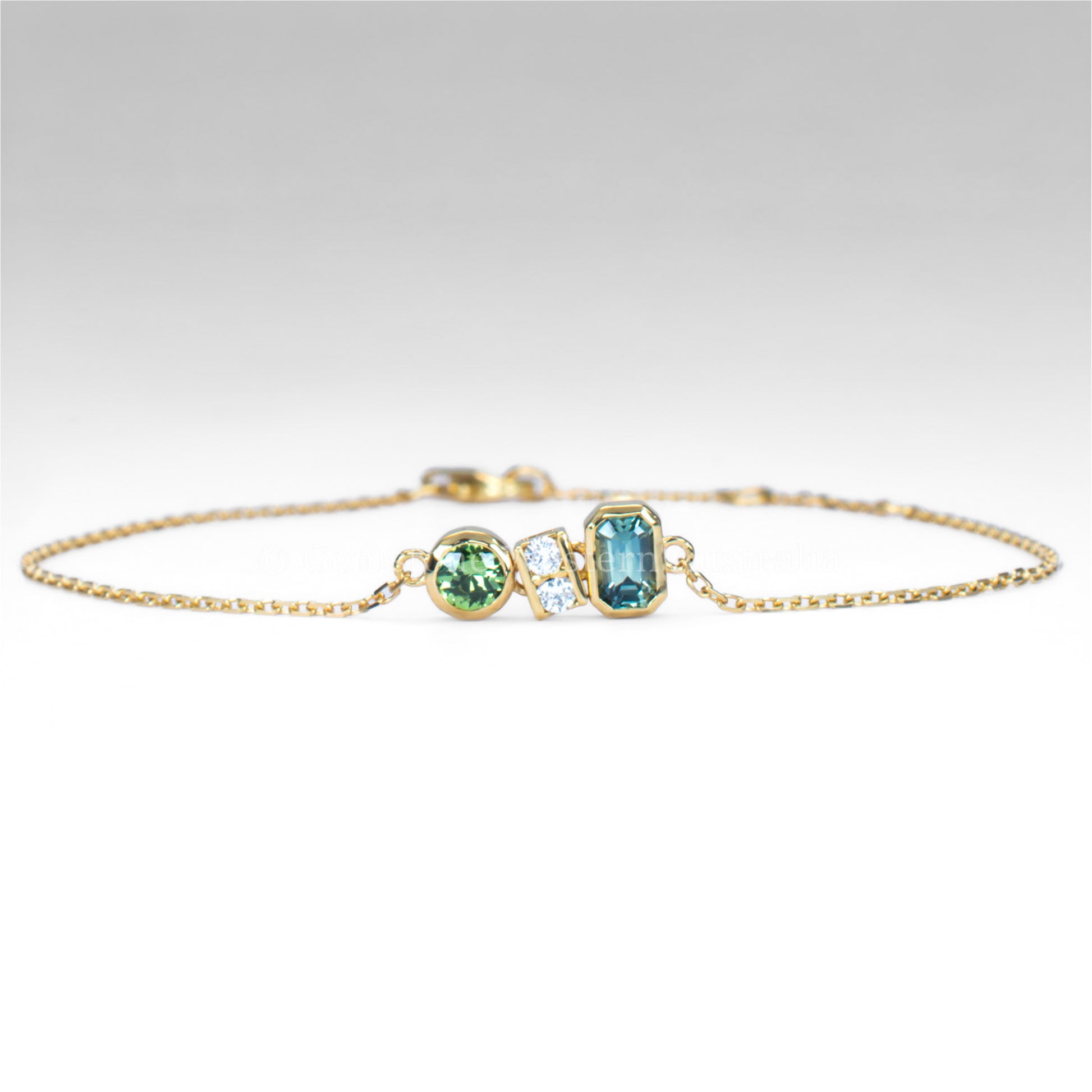 Dainty Australian Teal Sapphire & Diamond Bracelet in 18K Yellow Gold