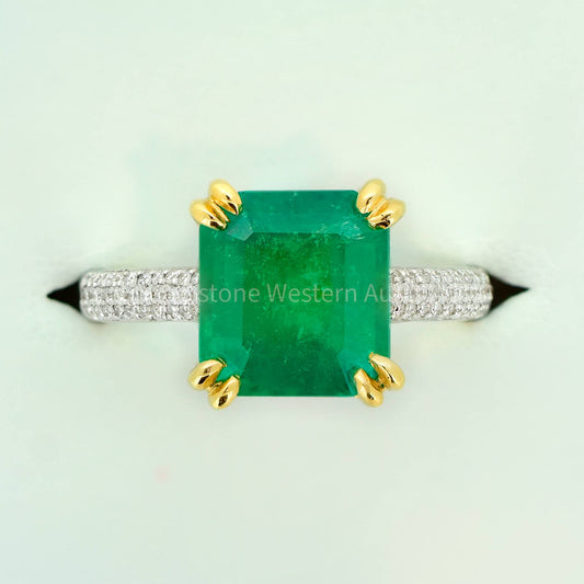 Emerald Cut Natural Colombian Emerald Cocktail Ring with Diamonds