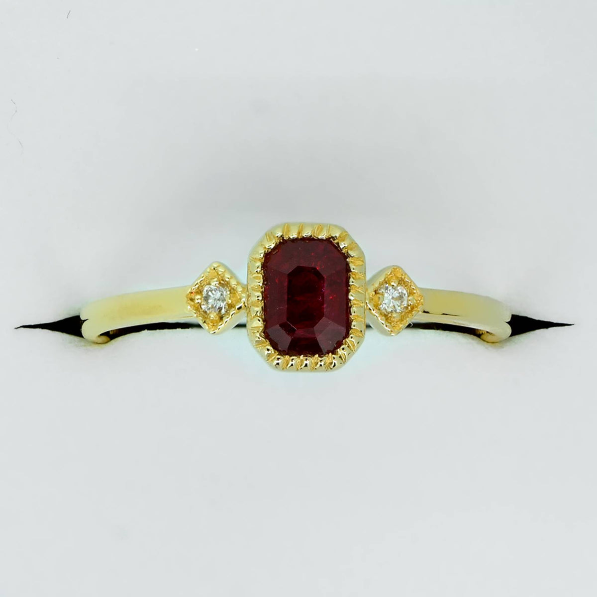 Ruby and Diamond Three Stone Petite Minimal Thin Ring in Yellow Gold