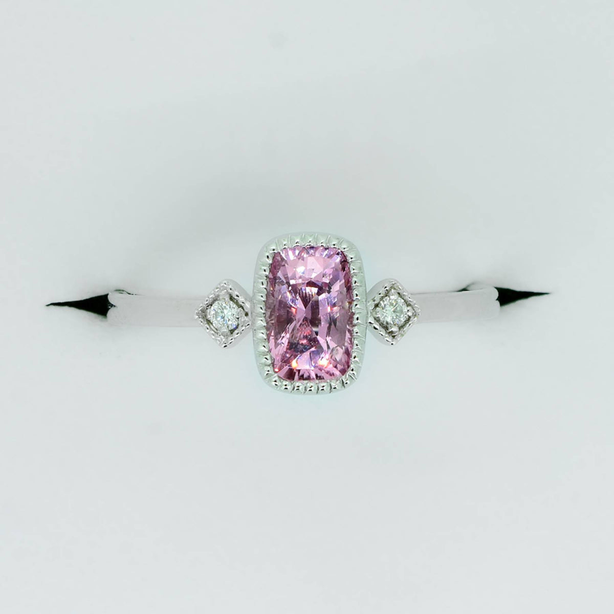Natural Pink Sapphire and Diamond Three Stone Ring in White Gold