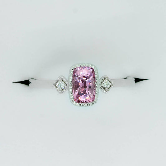 Natural Pink Sapphire and Diamond Three Stone Ring in White Gold
