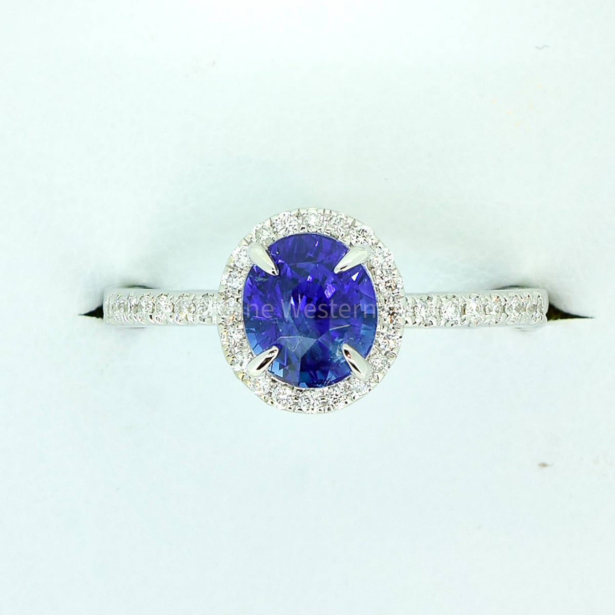 Unheated 1.85ct Ceylon Sapphire and Diamond Halo Ring in 18k White Gold