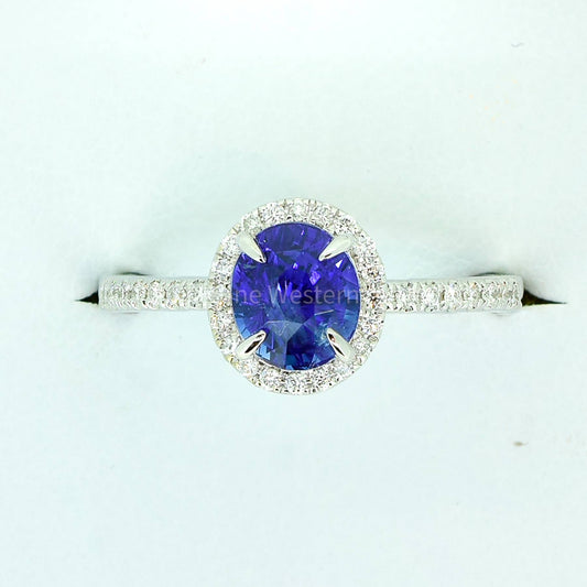 Unheated 1.85ct Ceylon Sapphire and Diamond Halo Ring in 18k White Gold
