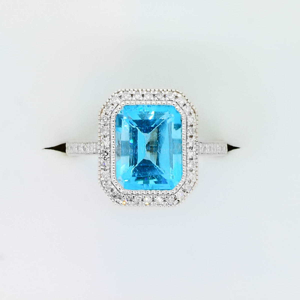 Swiss Blue Topaz Diamond Halo Ring 18K Gold