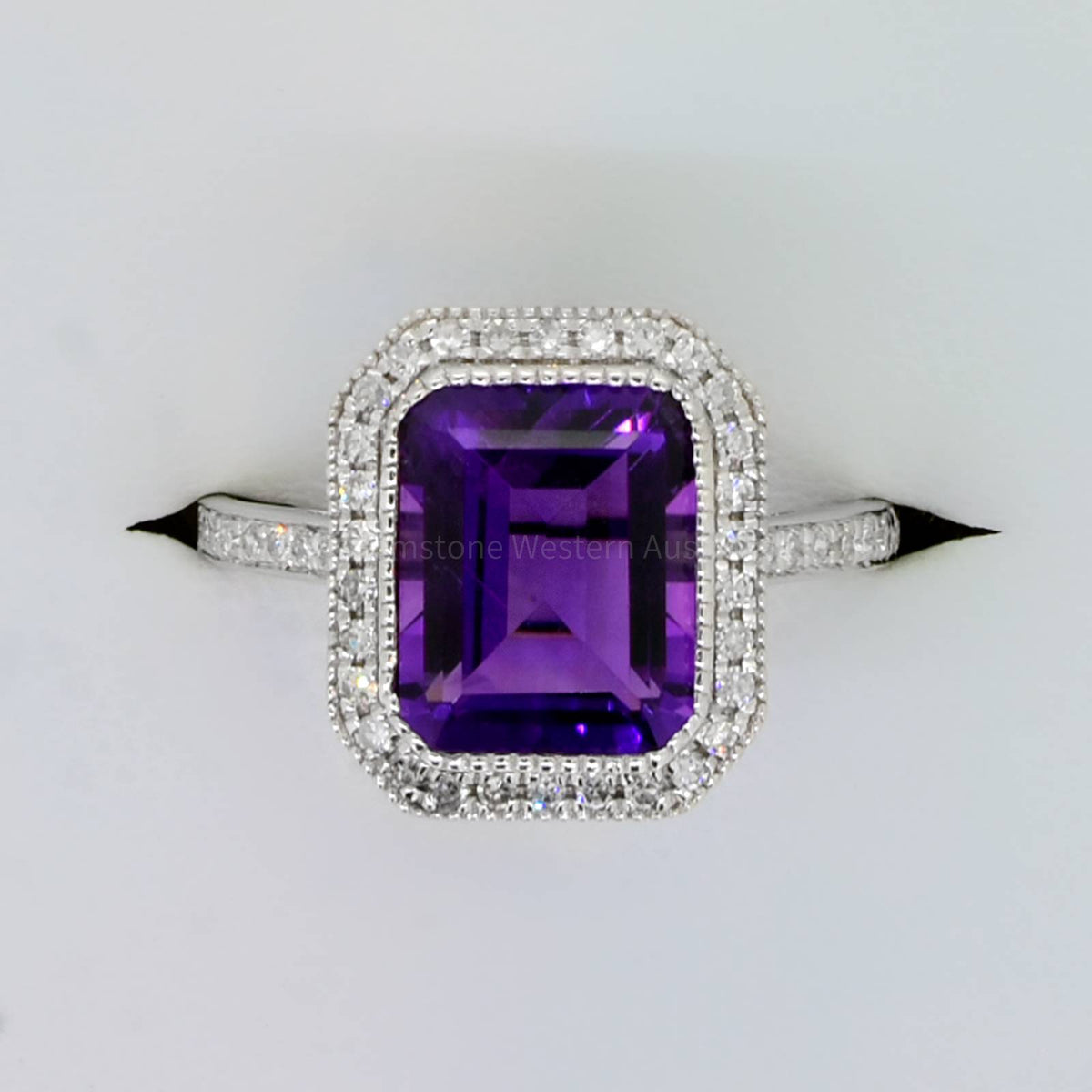 Natural Amethyst and Diamond Halo Ring in 18K White Gold