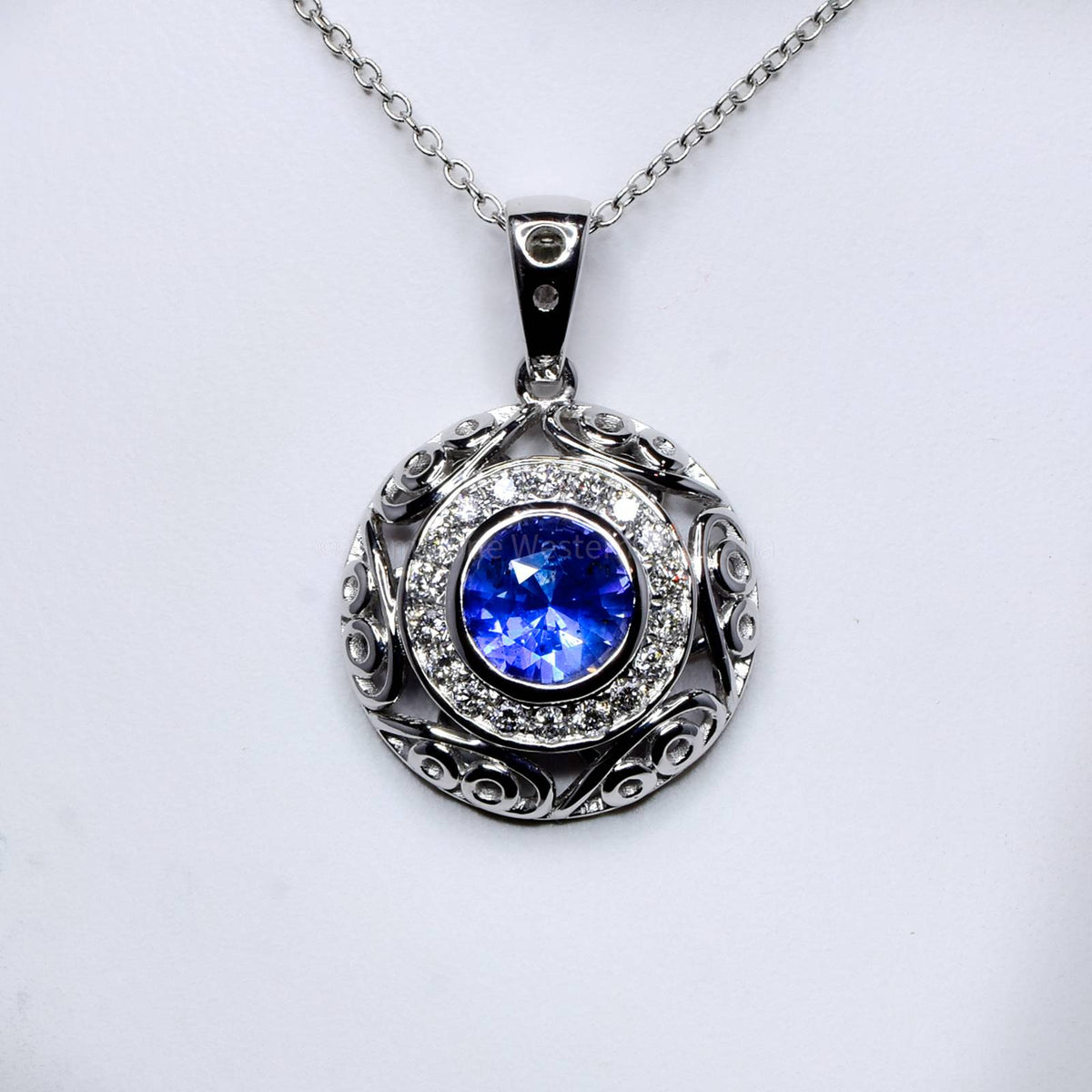 Natural Unheated Blue Sapphire and Diamond Pendant in 18K White Gold