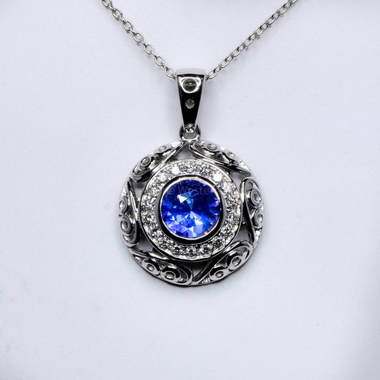 Natural Unheated Blue Sapphire and Diamond Pendant in 18K White Gold