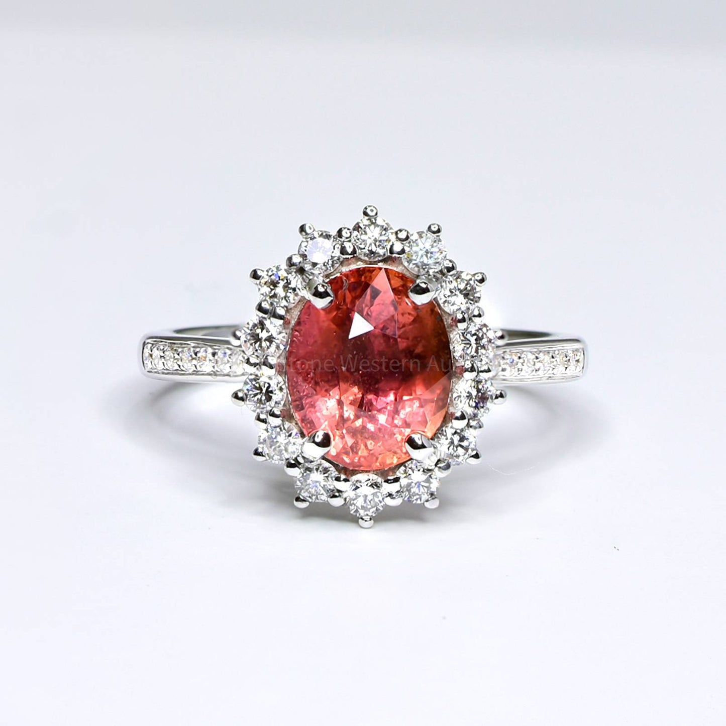 Natural Padparadscha Sapphire Ring with Diamond Halo 18ct Gold