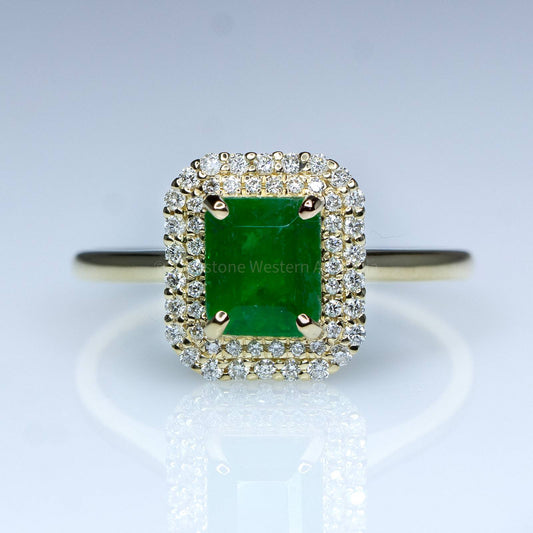 1.15ct Colombian Emerald Ring Emerald Cut Halo Ring 18K Gold