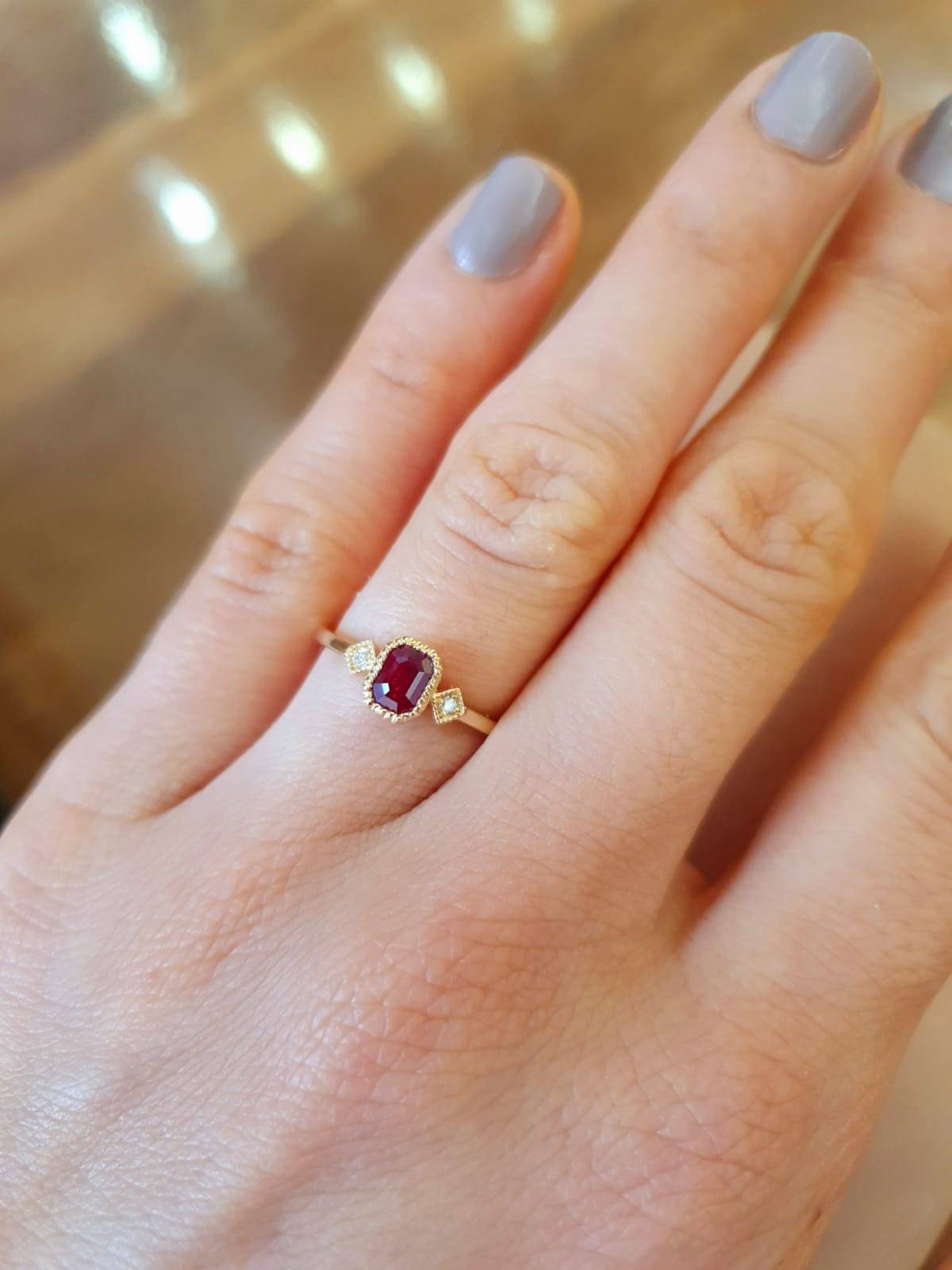 Ruby and Diamond Three Stone Petite Minimal Thin Ring in Yellow Gold