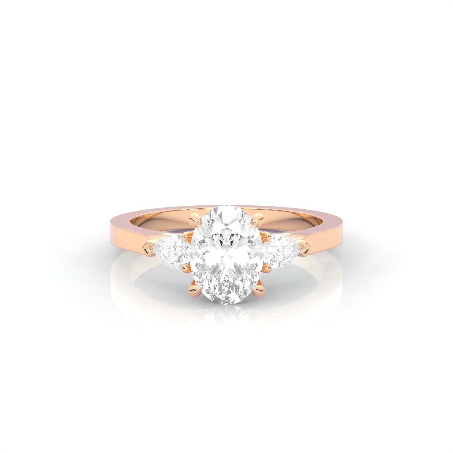 Rose gold Oval shape Diamond three stone diamond ring on a white background