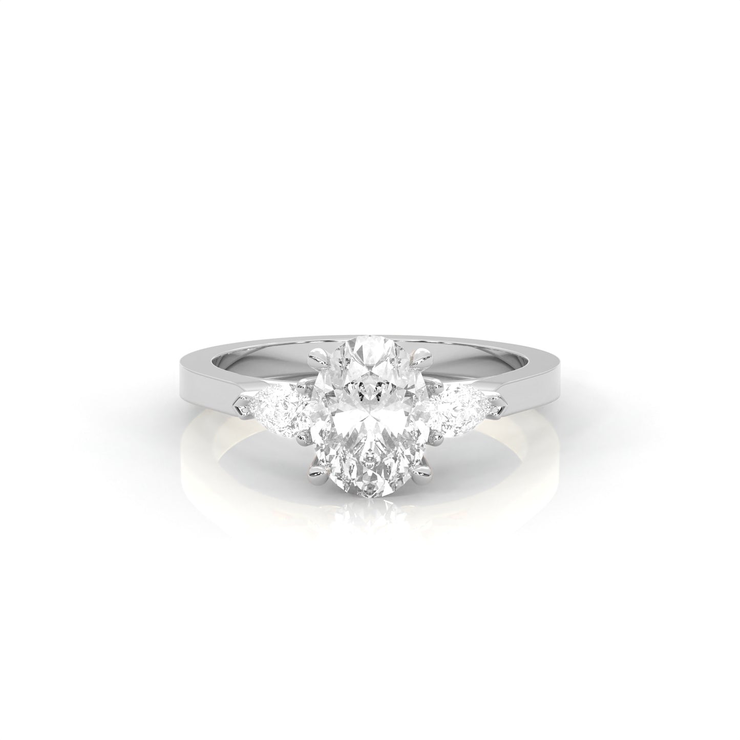 Oval shape Diamond three stone diamond ring on a white background