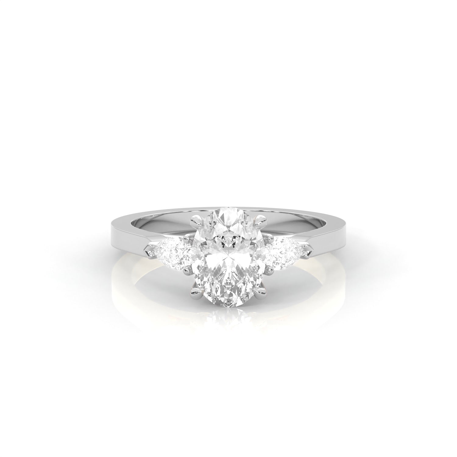 white gold ring with two pear-shaped diamonds on a white background