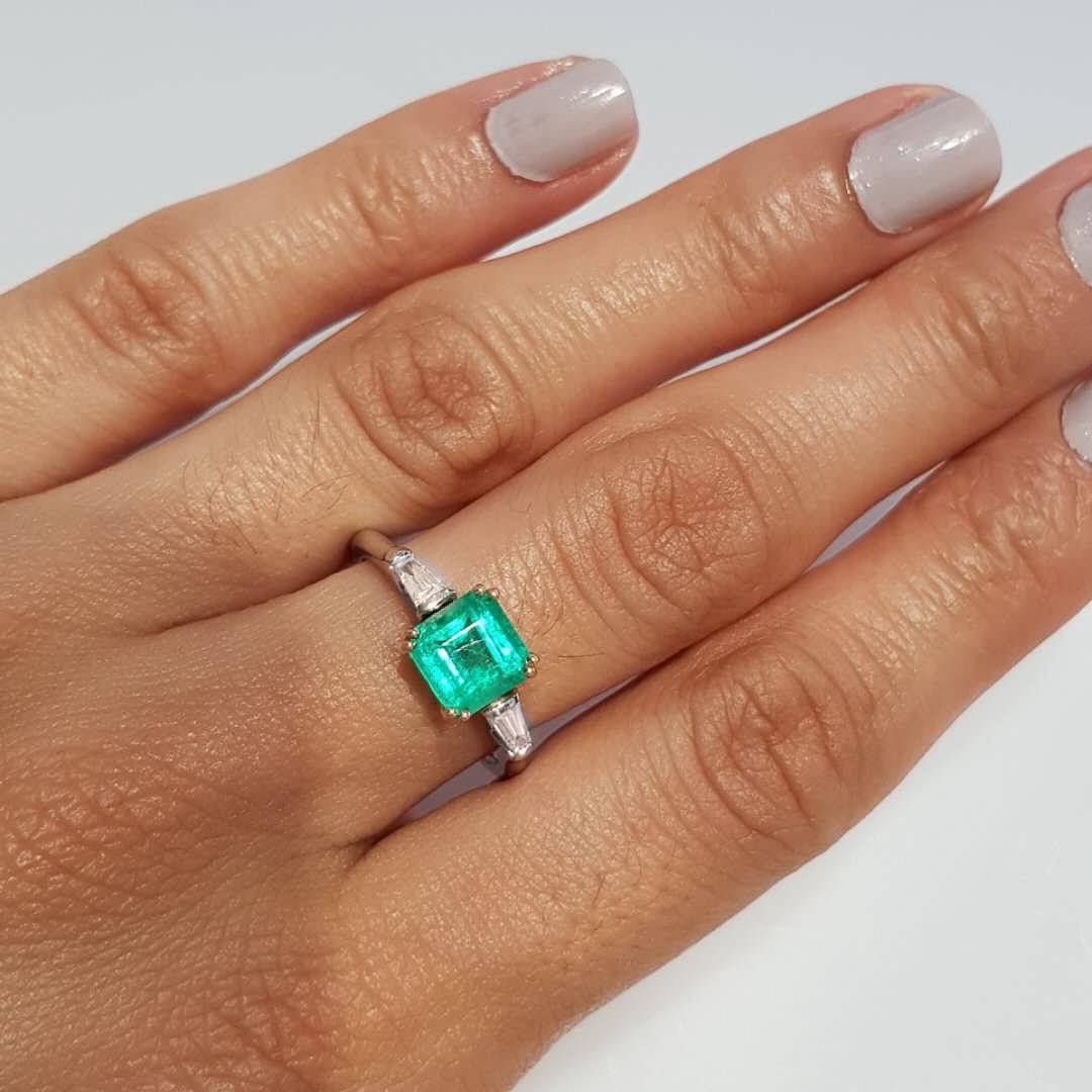 Estate Emerald cut Colombian Emerald and Diamond Ring