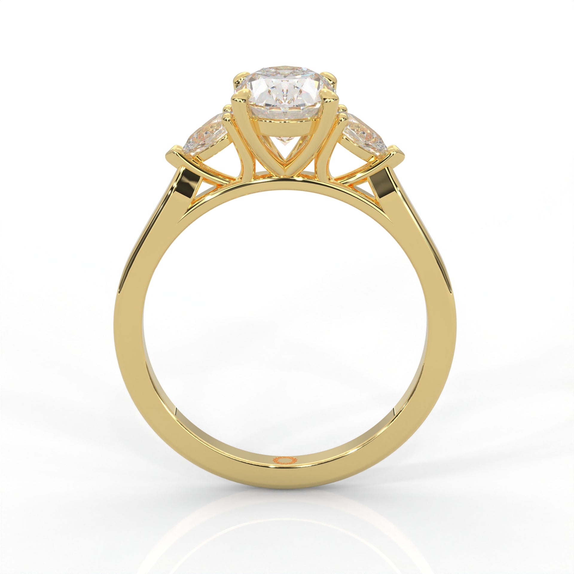 front view of Gold ring with two pear-shaped diamonds on a white background