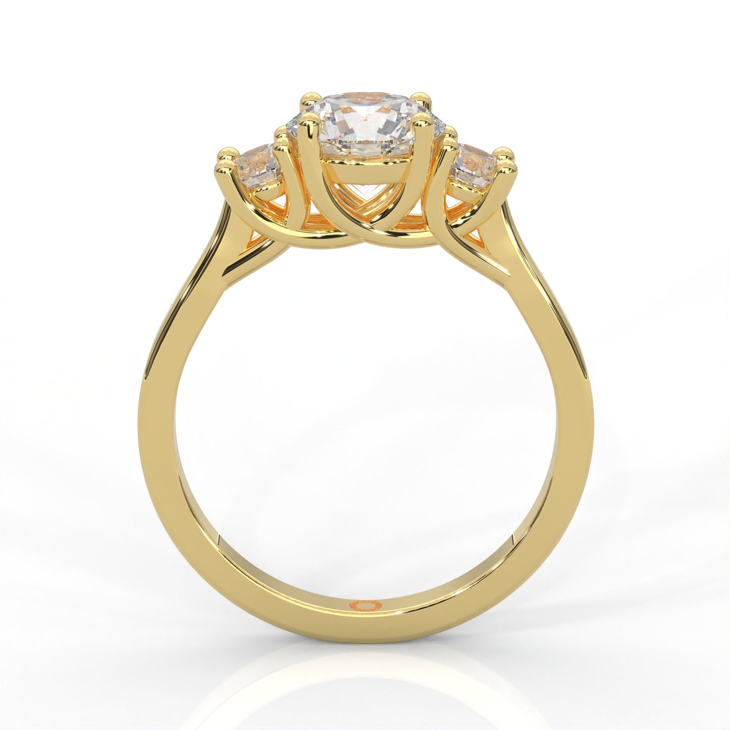 front view of yellow gold three stone ring with round side diamonds and round centre stone on white background