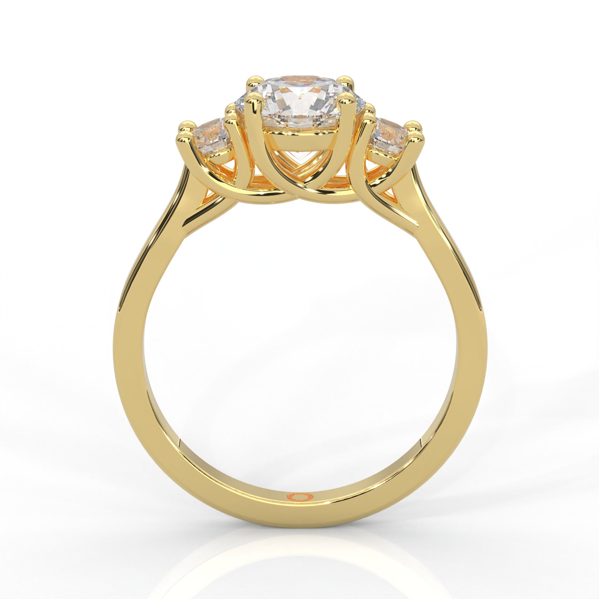 front view of yellow gold three stone ring with round side diamonds and round centre stone on white background