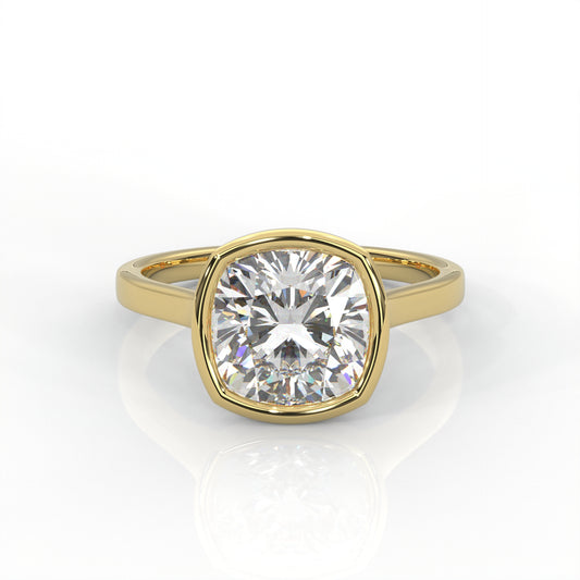 Bev Solitaire Cushion Diamond Bezel Set Ring in Gold or Platinum
