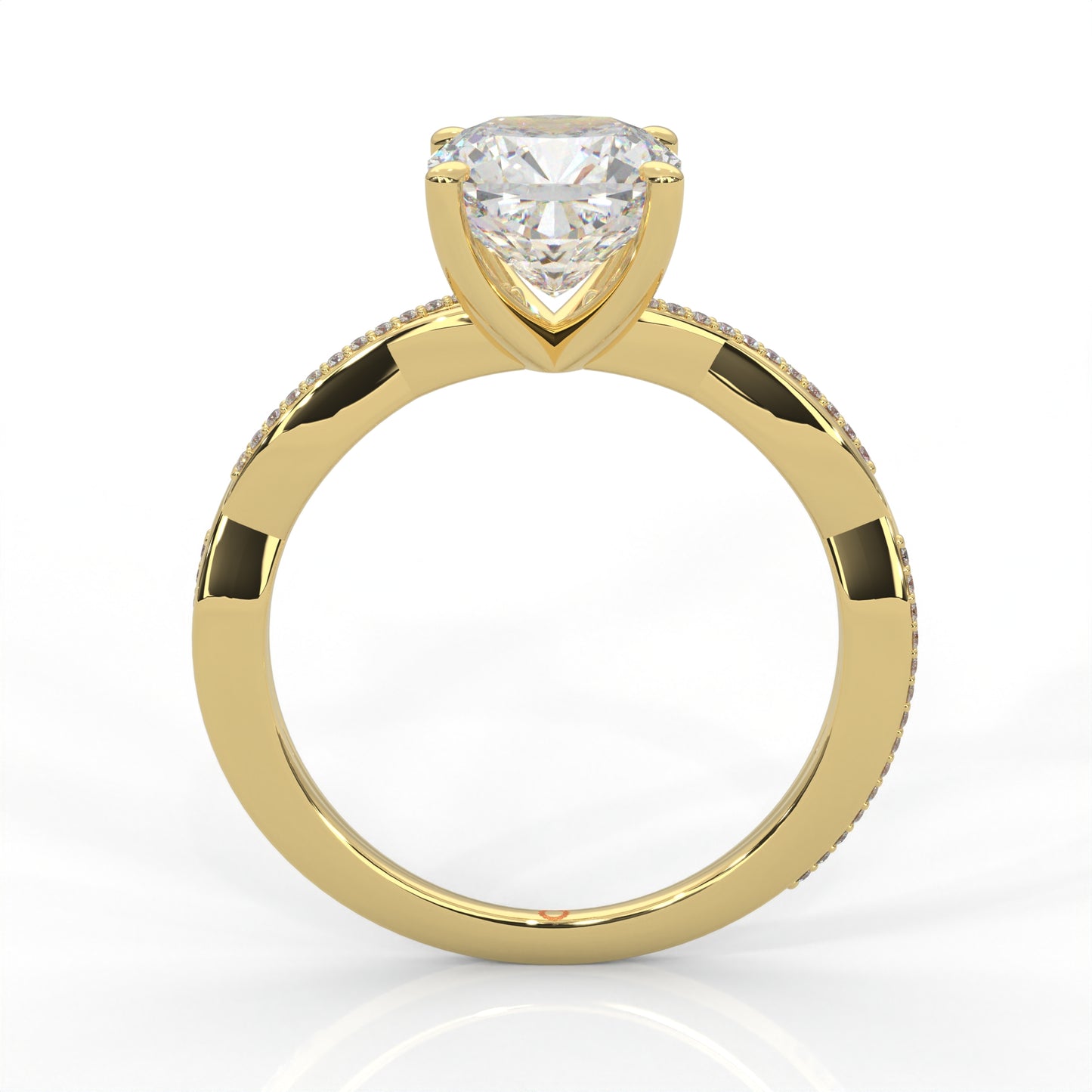 front view of a yellow gold ring with an oval-shaped diamond and twisted band on a white background