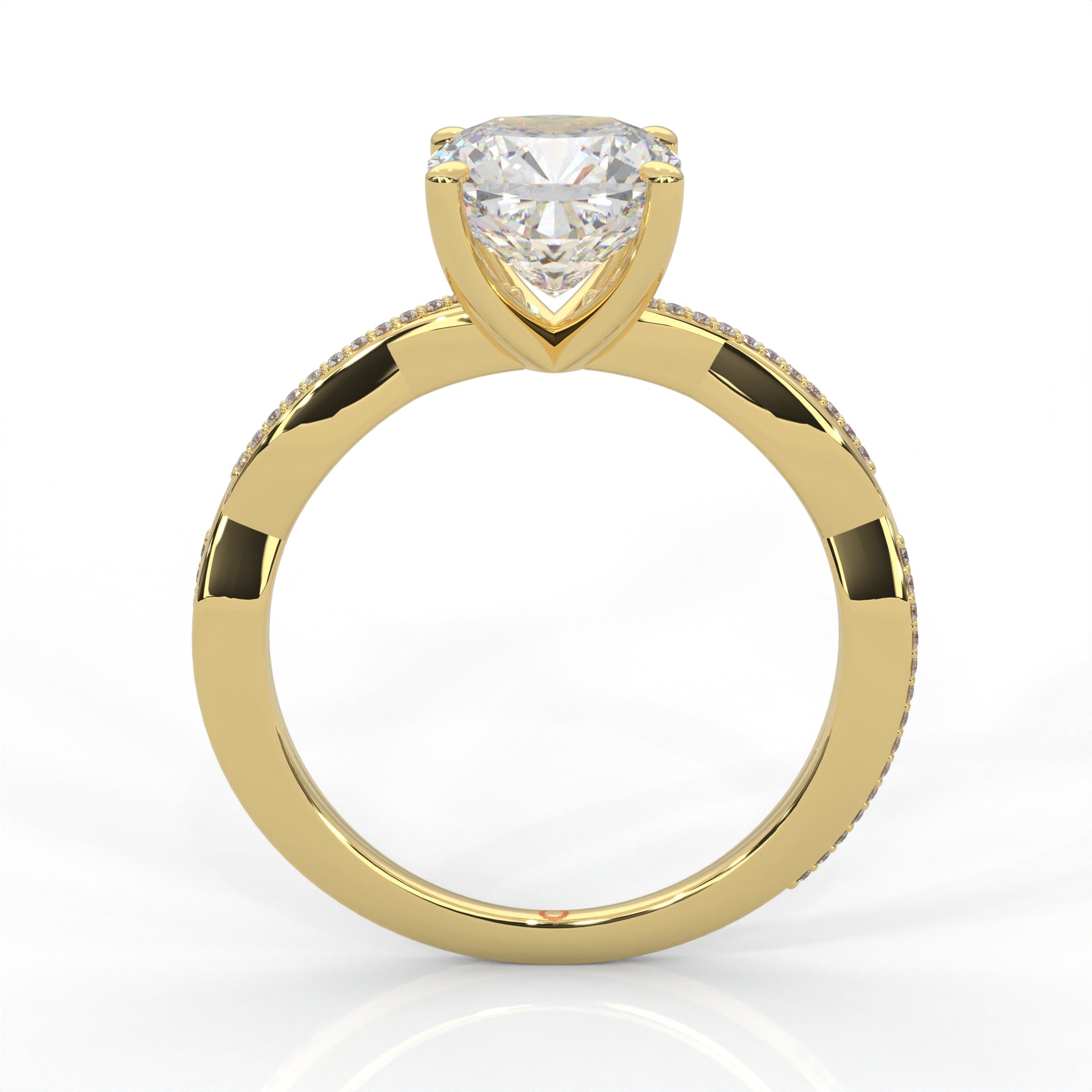 front view of a yellow gold ring with an oval-shaped diamond and twisted band on a white background