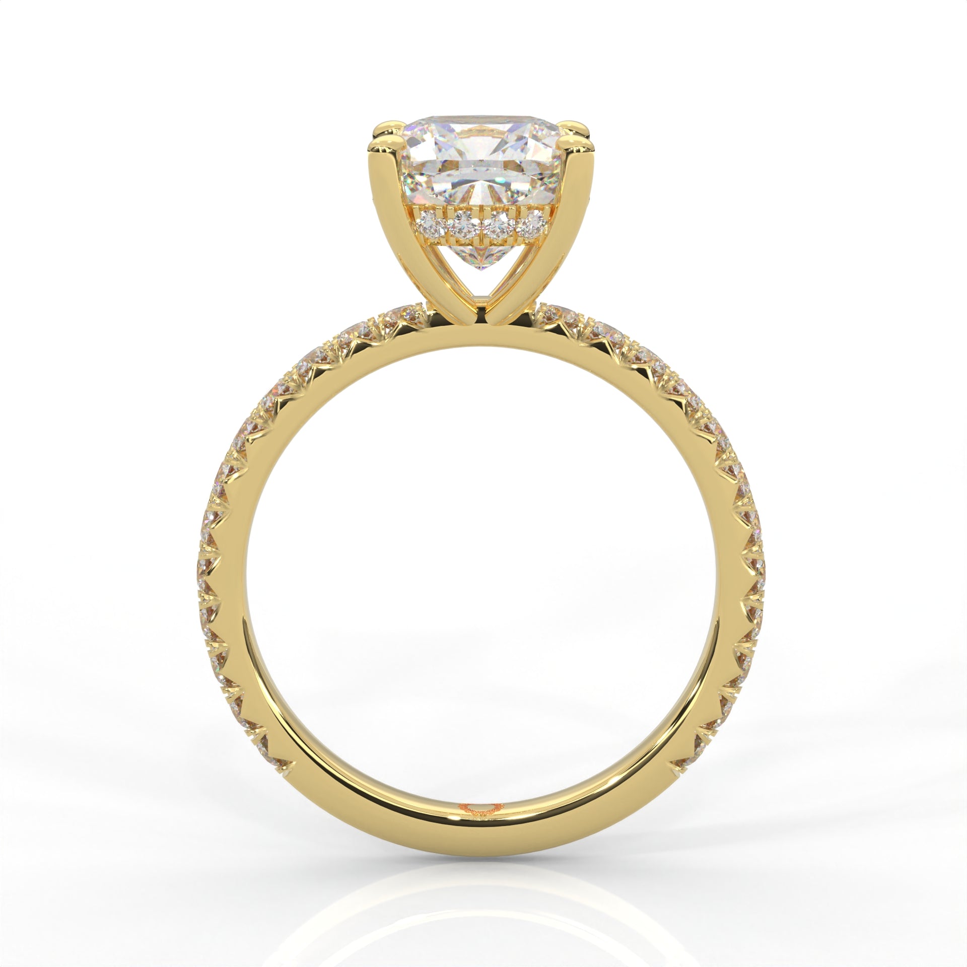front view of yellow gold ring with a cushion cut diamond and smaller diamonds on the band against a white background