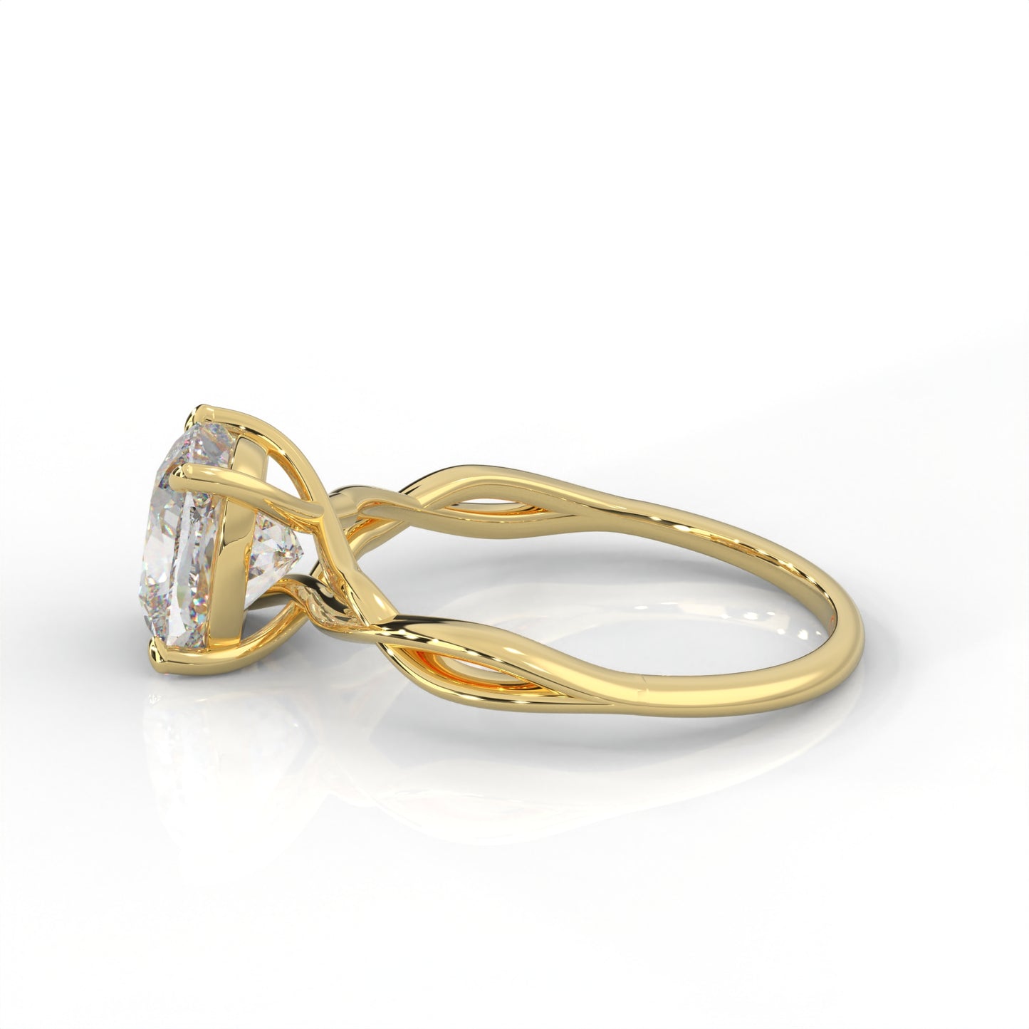 side view of Yellow gold ring with cushion cut diamond and twisted band 
