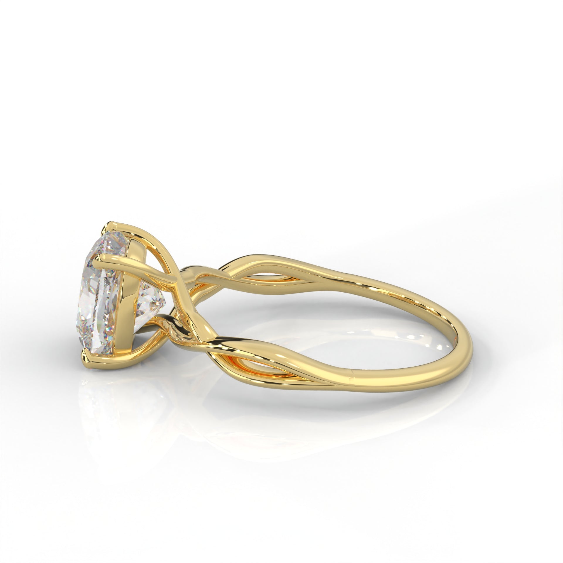side view of Yellow gold ring with cushion cut diamond and twisted band 
