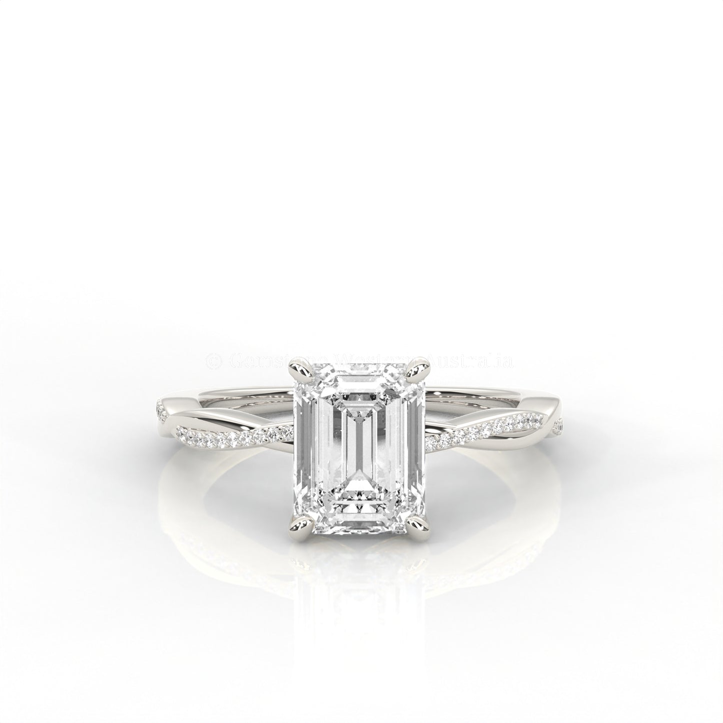Ava Solitaire Emerald Cut Diamond Ring Twisted band Accents in Gold or Pt950
