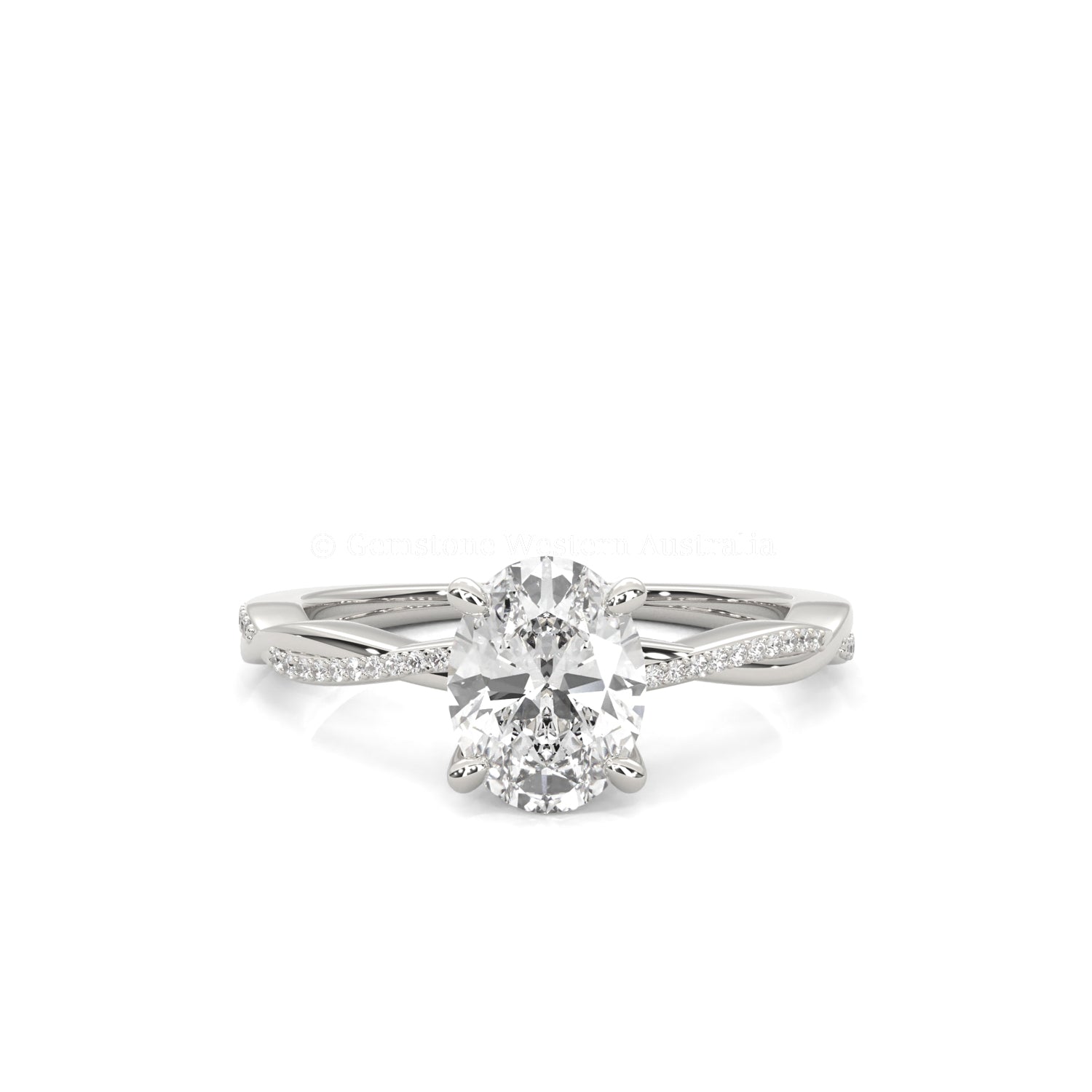 white gold ring with an oval-shaped diamond and twisted band on a white background