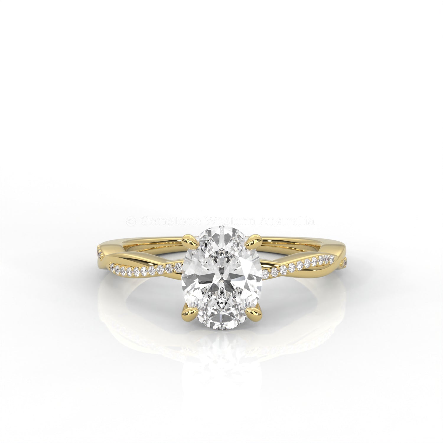 yellow gold ring with an oval-shaped diamond and twisted band on a white background