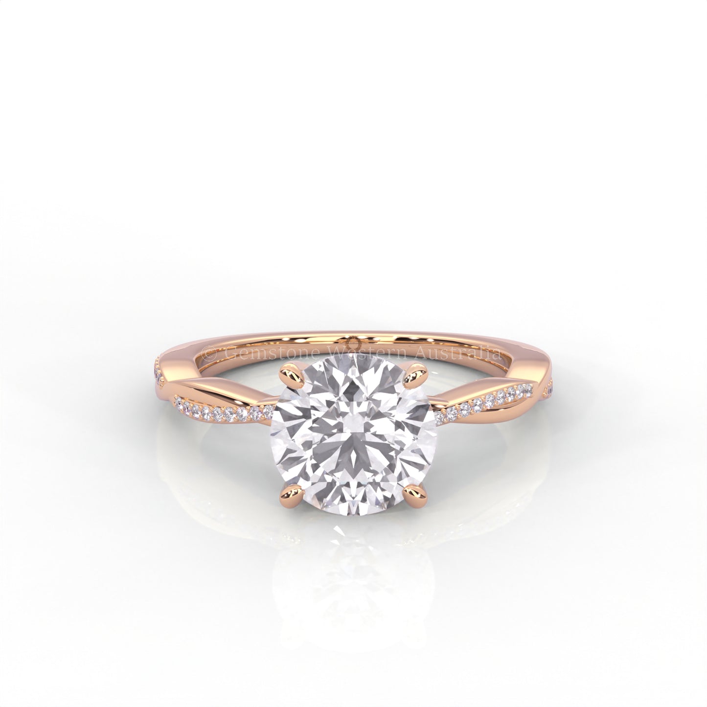 rose Gold ring with a round diamond and smaller diamonds on the band against a white background