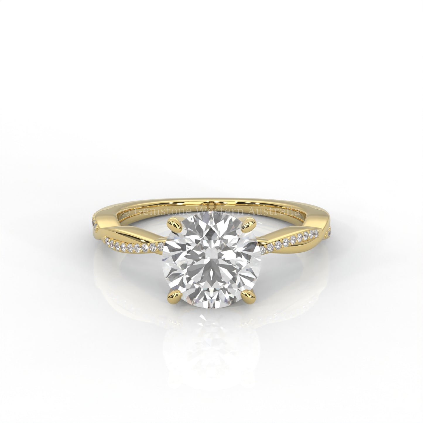 yellow Gold ring with a round diamond and smaller diamonds on the band against a white background
