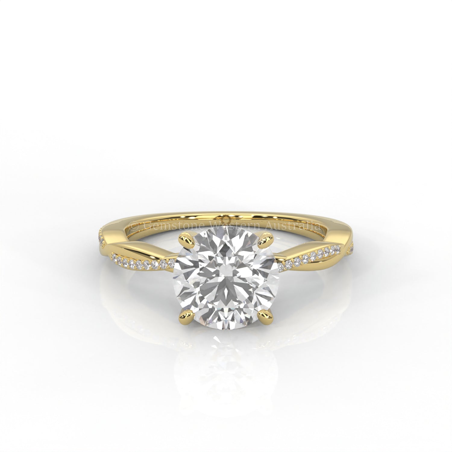 yellow Gold ring with a round diamond and smaller diamonds on the band against a white background