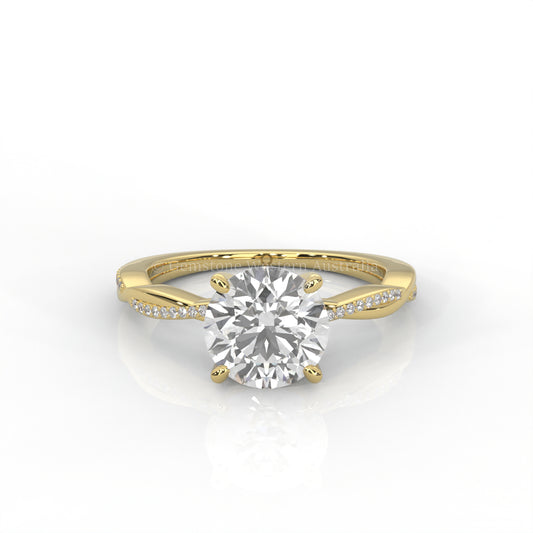 yellow Gold ring with a round diamond and smaller diamonds on the band against a white background