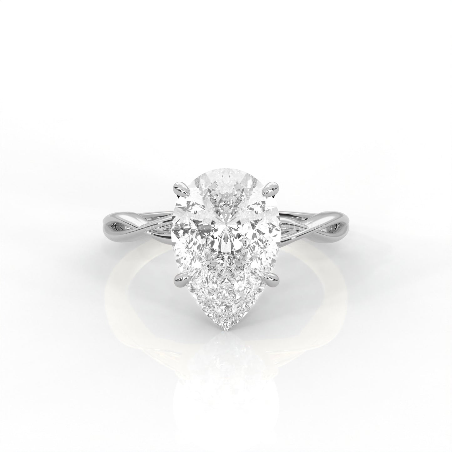 White gold ring with pear-cut diamond and twisted band 