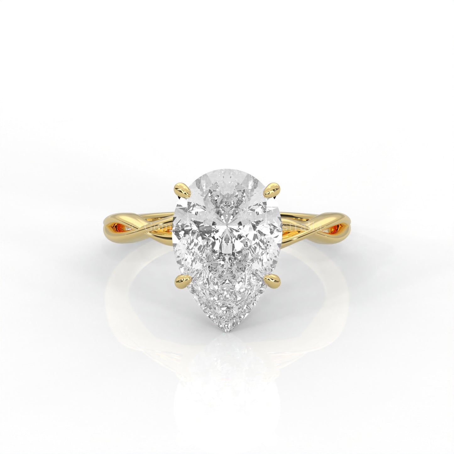 Yellow gold ring with pear-cut diamond and twisted band 