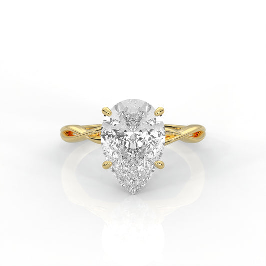 Yellow gold ring with pear-cut diamond and twisted band 