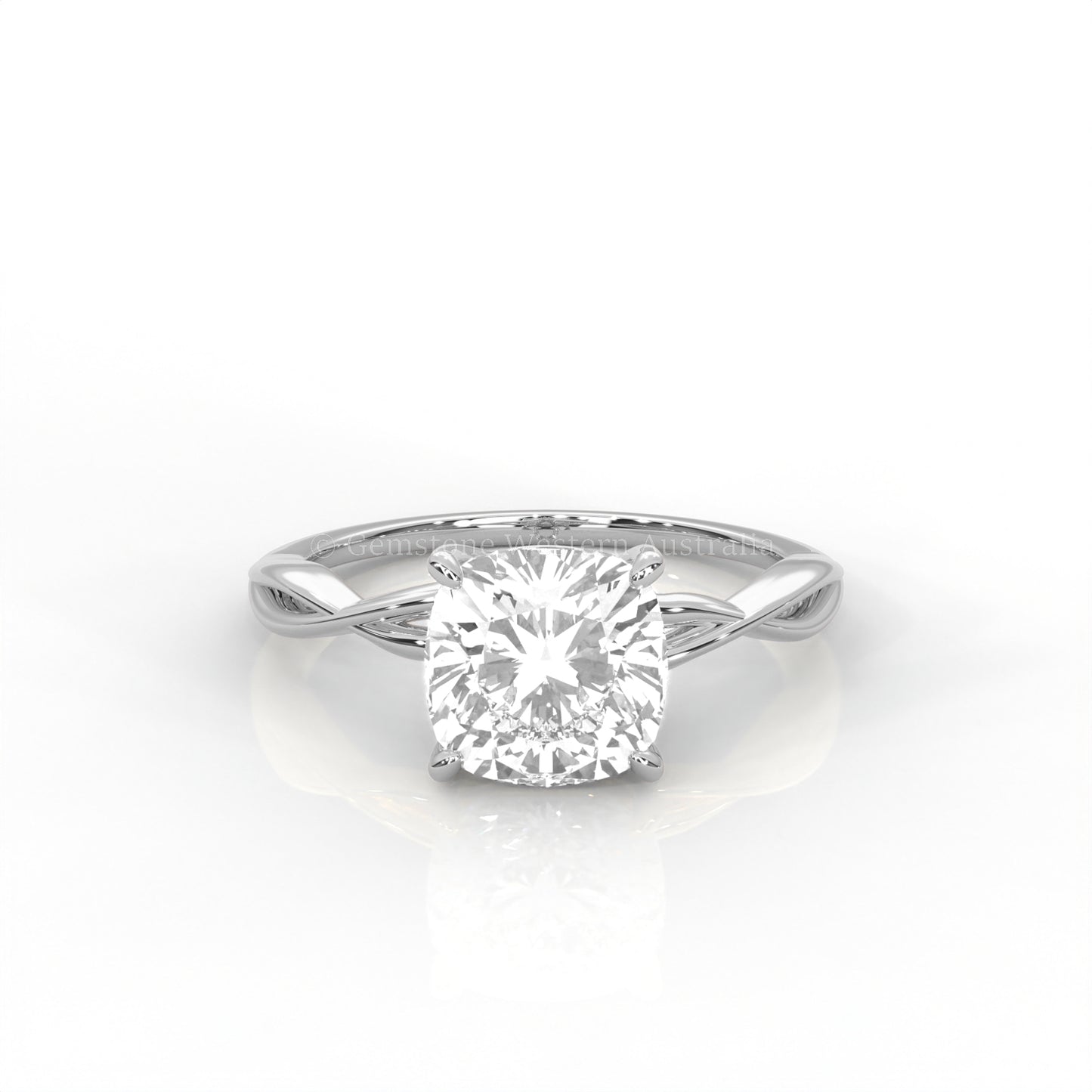 Platinum ring with cushion cut diamond and twisted band 