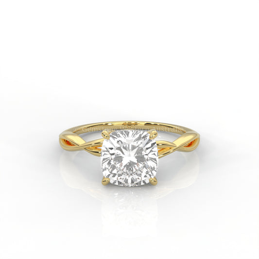 Yellow gold ring with cushion cut diamond and twisted band 