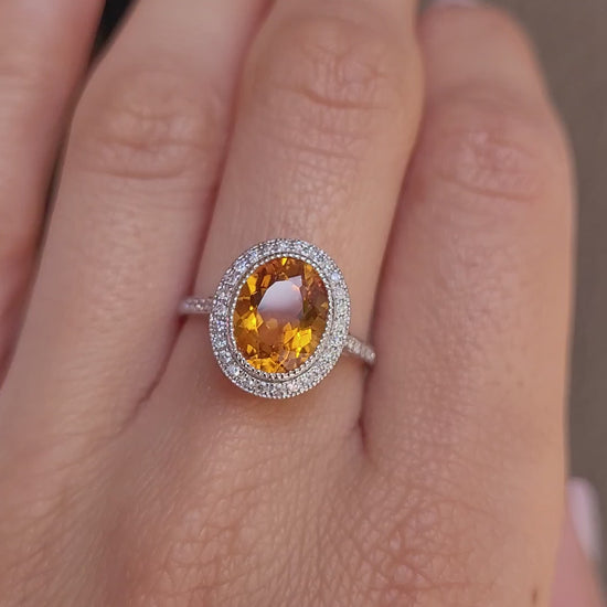 Oval-Cut Citrine Ring with Diamond Halo in 18K White Gold