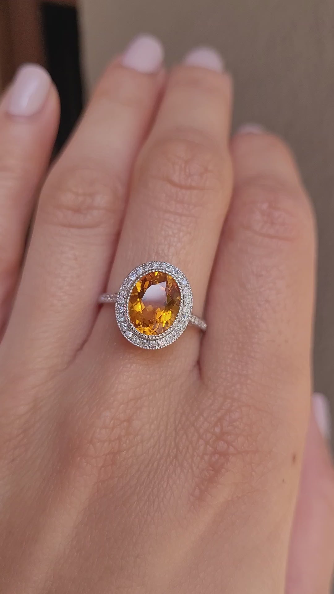 Oval-Cut Citrine Ring with Diamond Halo in 18K White Gold