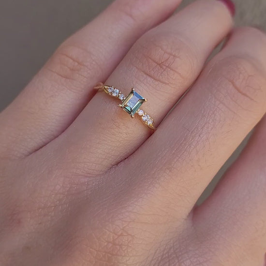 video of front view of Natural Alexandrite and Diamond Ring 0.38ct Princess Cut in 18K Yellow Gold in neutral background